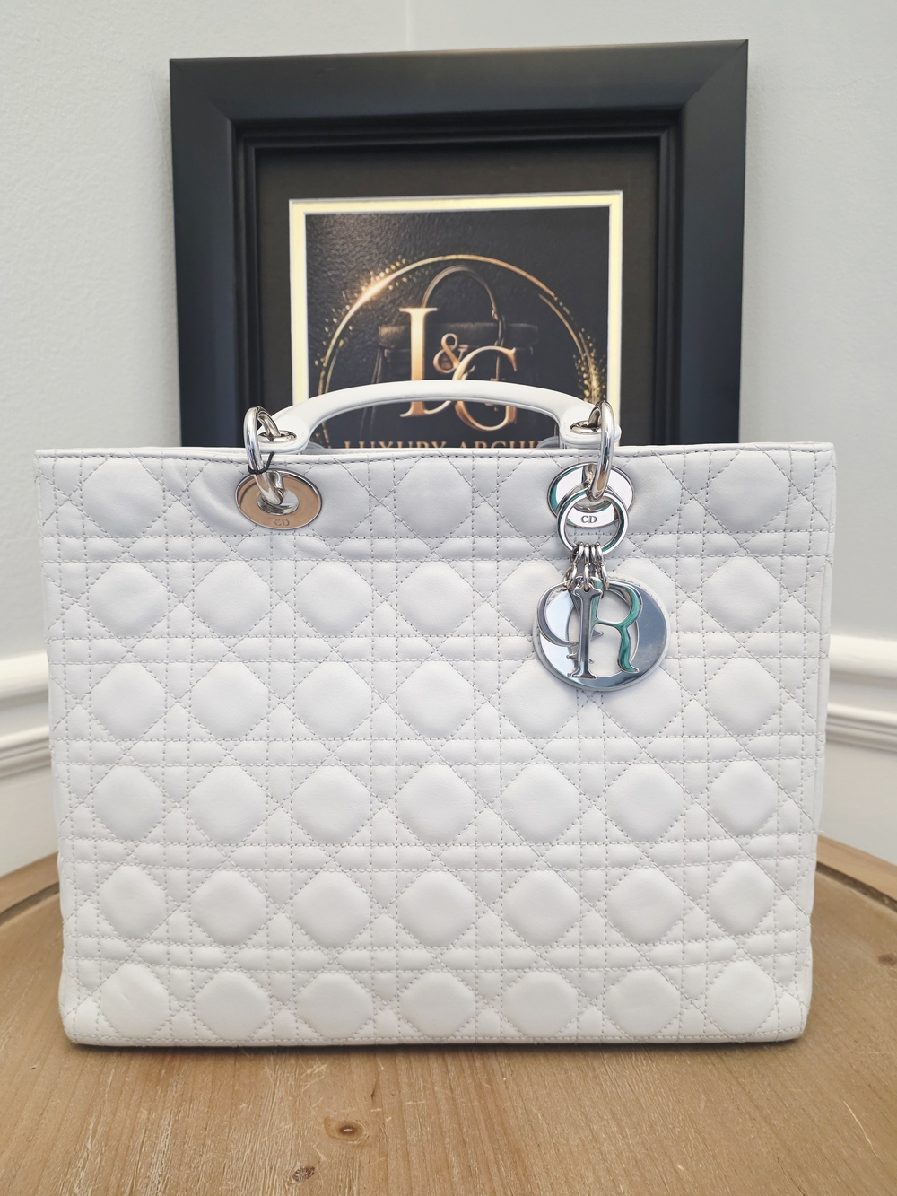 Christian Dior Lady Dior Large Light Gray CannagDior White Quilted Lady Tote Bag